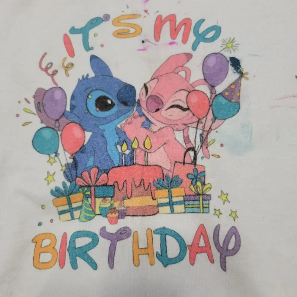 Its My Birthday Shirt Girls 2t Stitch Tee Shirt White Pink Paint Comfort Stretch - Picture 10 of 12